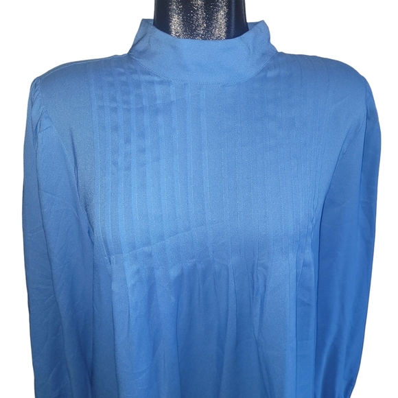 Ann Taylor Light Blue Pleat Detailed High Neck Blouse L - Picture 2 of 7